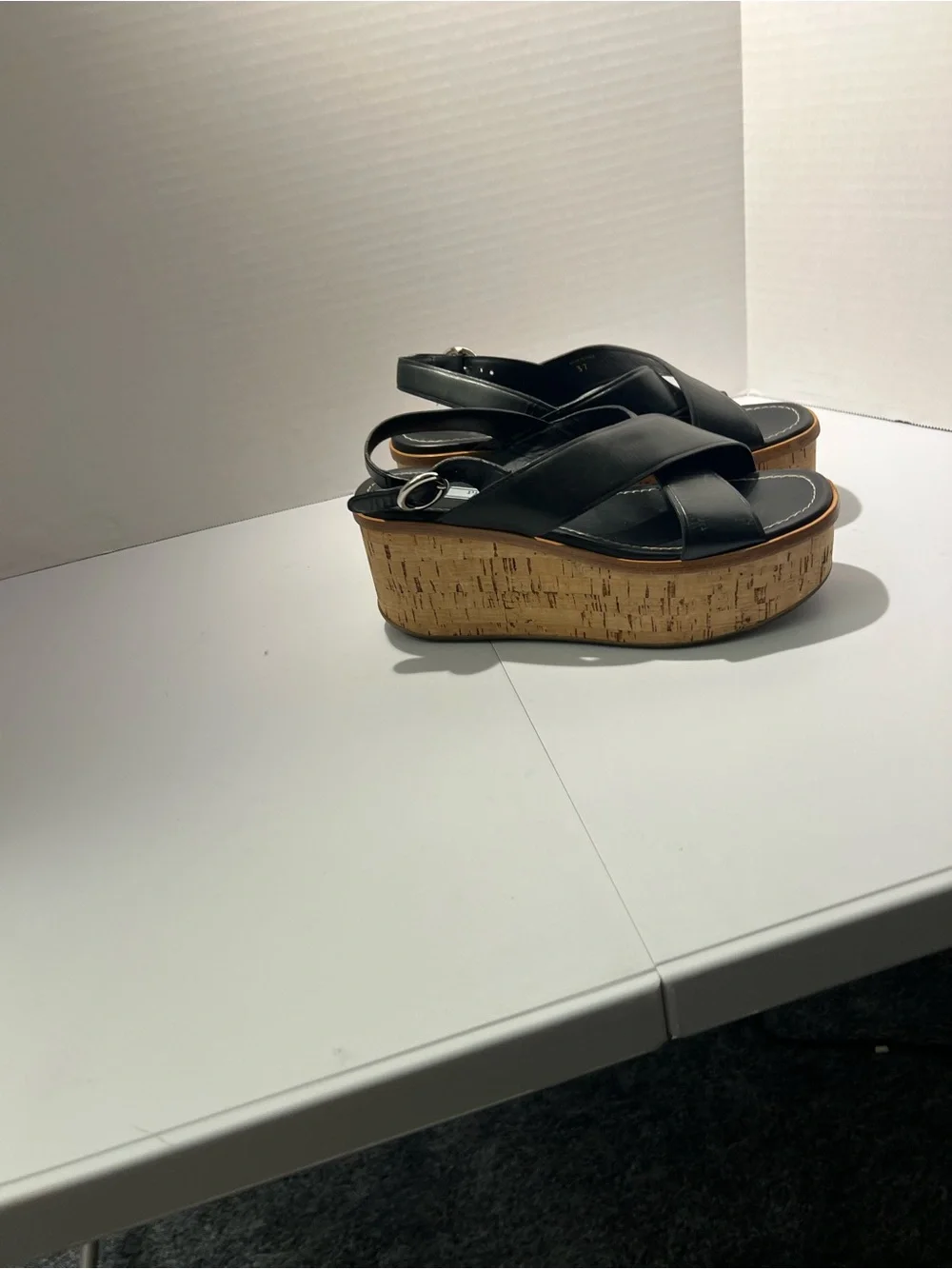 Prada Black Leather Cork Wedge Sandals with Slingback